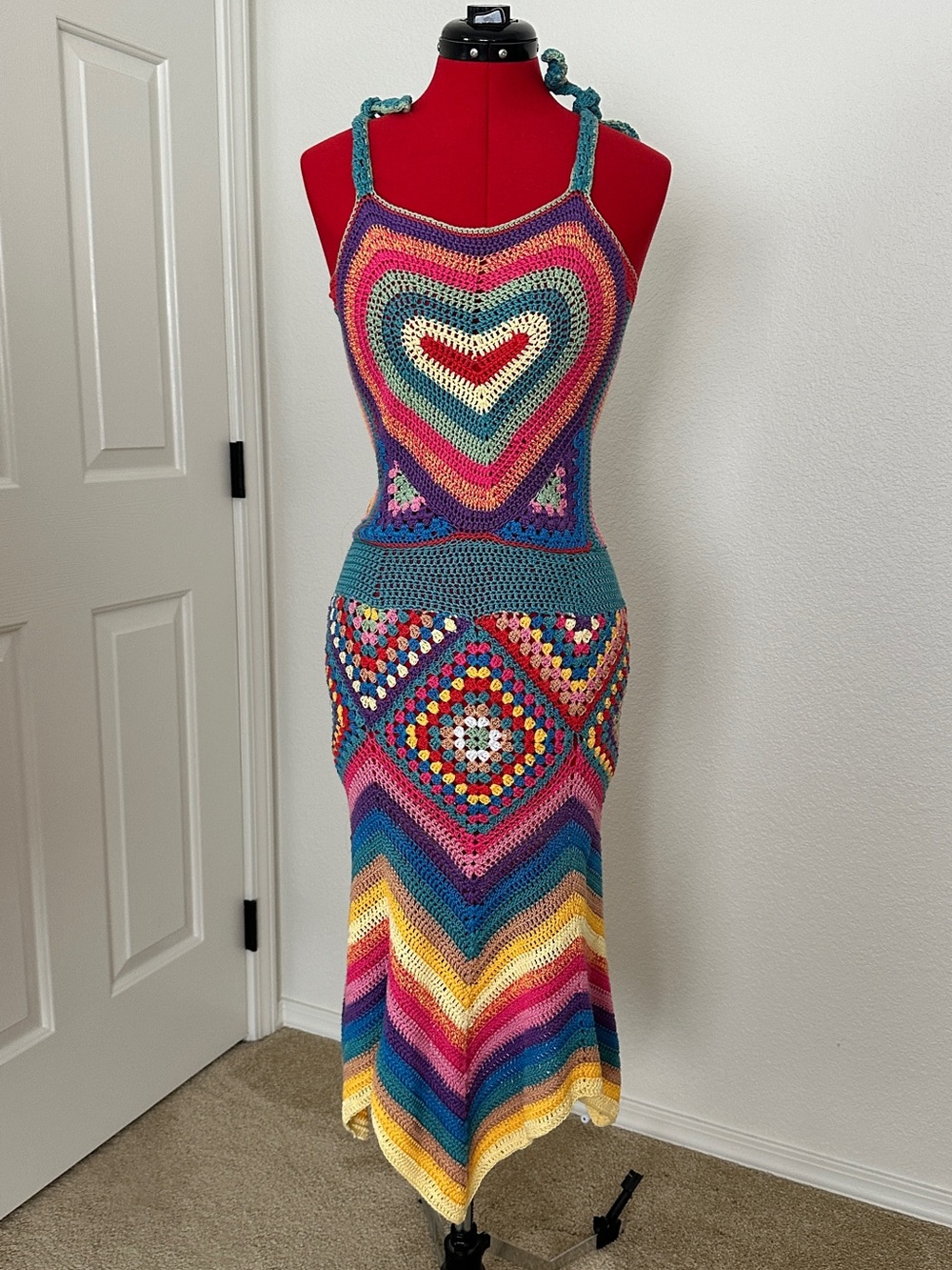 A Multicolor handmade Crochet Heart & Chevron Maxi Dress XS to Small